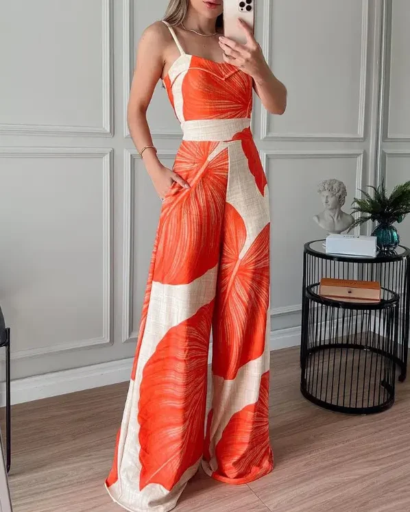 

Leaf Print Spaghetti Strap Wide Leg Jumpsuit women summer 2022 new fashion
