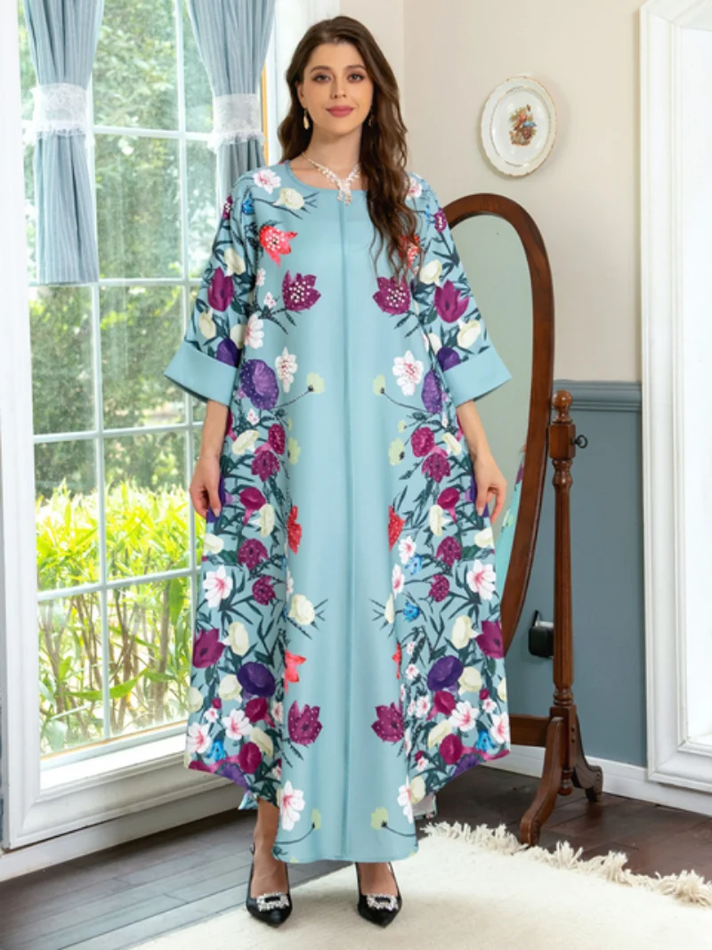 Saudi Women Abayas Retro Floral Print Beading O-Neck Long Dresses 2023 Spring Summer Casual Party Chic Dress Elegant Robe
