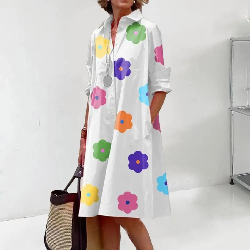 

Женское однобортное платье-миди с цветочным принтом, карманами и отложным воротником