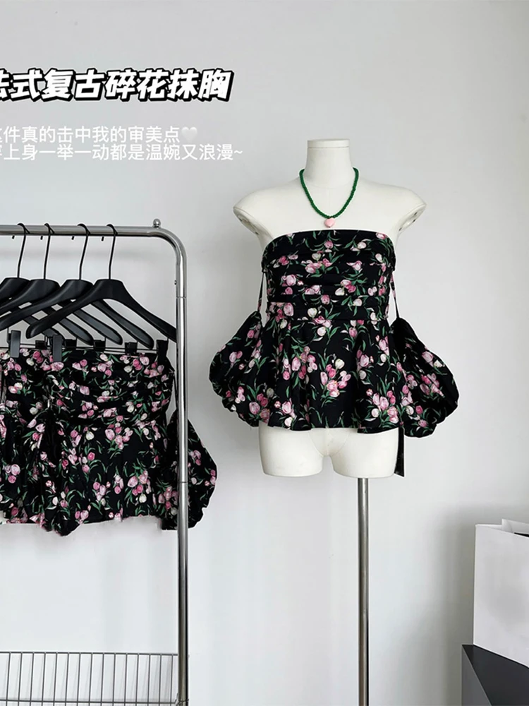 

Женский винтажный топ с цветочной драпировкой, короткий топ с рукавами-фонариками, пикантная уличная одежда во французском стиле, лето 2023