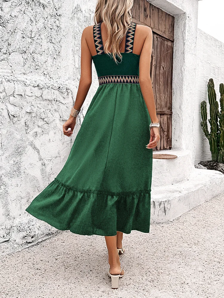 Elegant Halter Neck Cross Dress Fashion Lady Commuter Long Summer New Contrasting Stitching High Waist Split Dresses Women