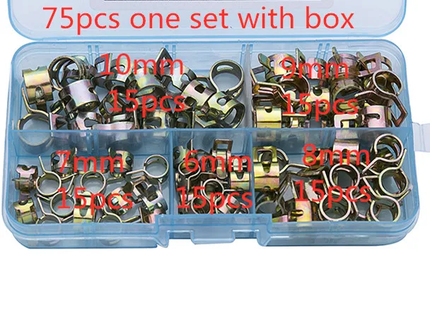 

75Pcs/set 6-10mm Q673B Vacuum Spring Fuel Oil Water CPU Hose Clip Pipe Tube for Band Clamp Metal Fastener Assortment Kit