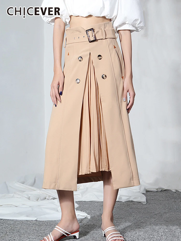 

CHICEVER Irregular Pleasted Midi Skirt For Women High Waist Patchwork Belted Solid Loose Skirts Female 2022 Chic Clothing Style