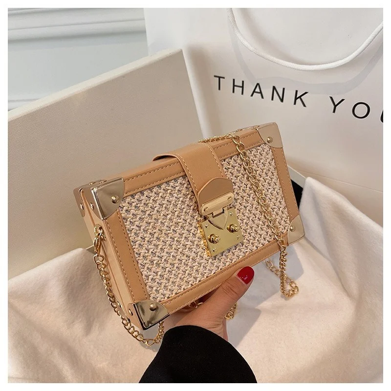 

High Quality Ladies Straw Shoulder Bag 2022 New Women's Bag Fashion Casual Box Bag Chain Messenger Bag Small Square Bag Women