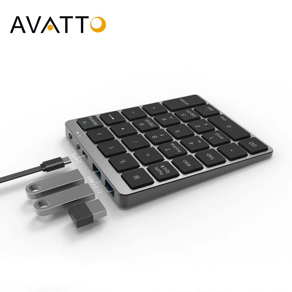 

AVATTO Aluminum Alloy 28 Keys Bluetooth Wireless Numeric Keypad with USB HUB More Function Keys Mini Numpad for Accounting tasks