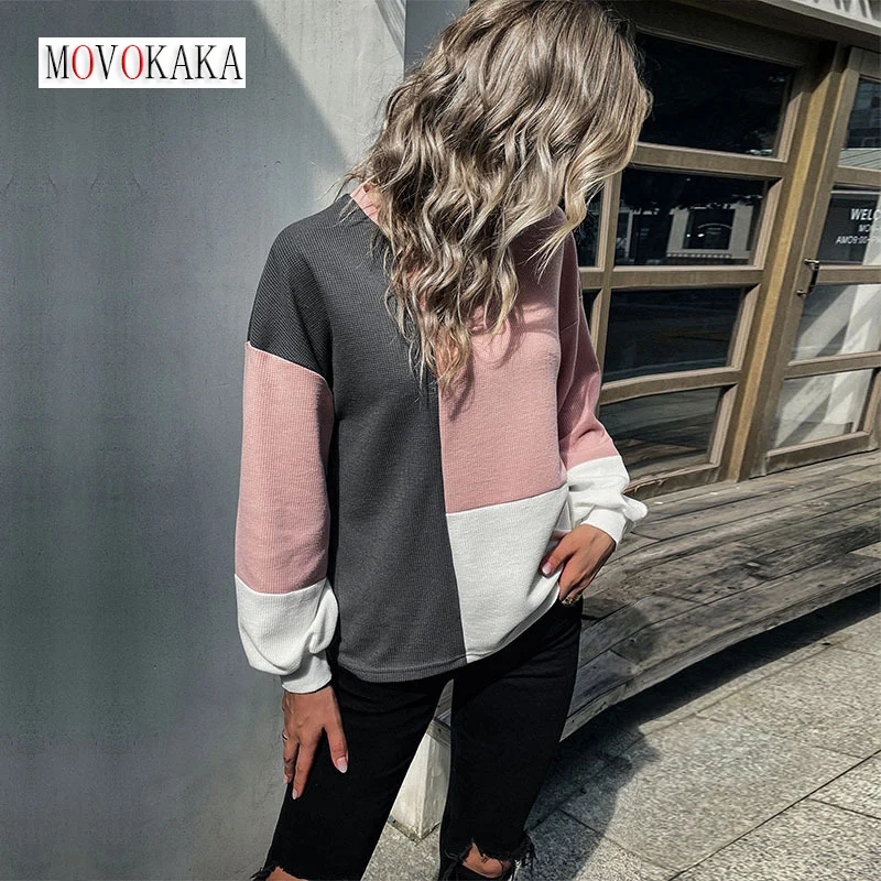 

WAYOFLOVE Autumn Winter Patchwork Long Sleeve Knit Shirt Women Loose Bottoming O Neck Pullover Top Casual Fashion Woman T-shirts