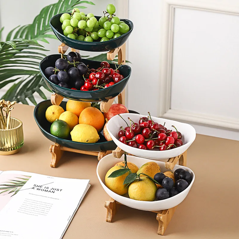 

2/3 Tier Plastic Fruit Plate with Wood Stand Oval Serving Bowl, Living Room Party Display Stand Cake Stand Snack Stand