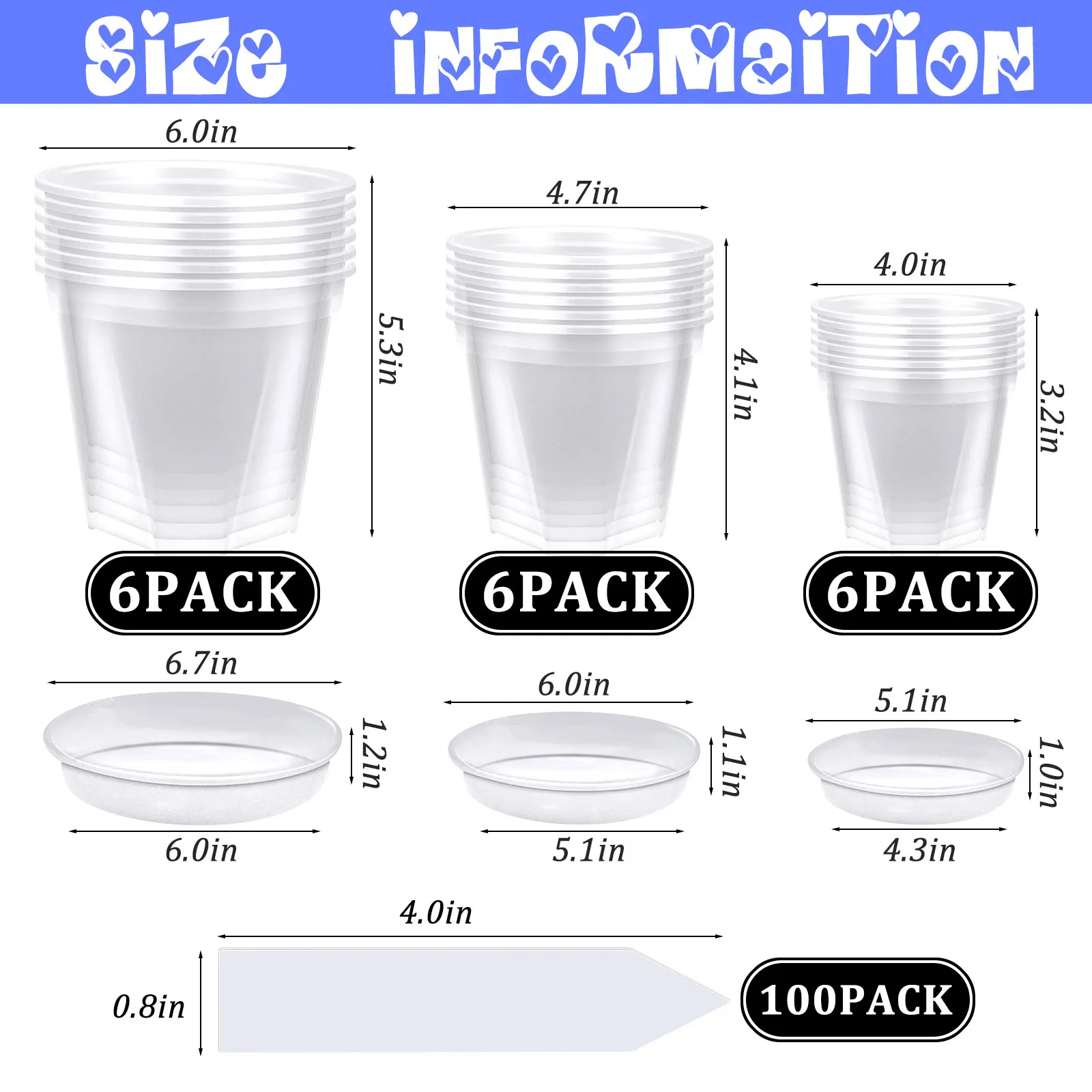 

3 Sizes 18-Pack Plastic Pots Clear Pots with Tray and 100 Pcs of Plant Labels