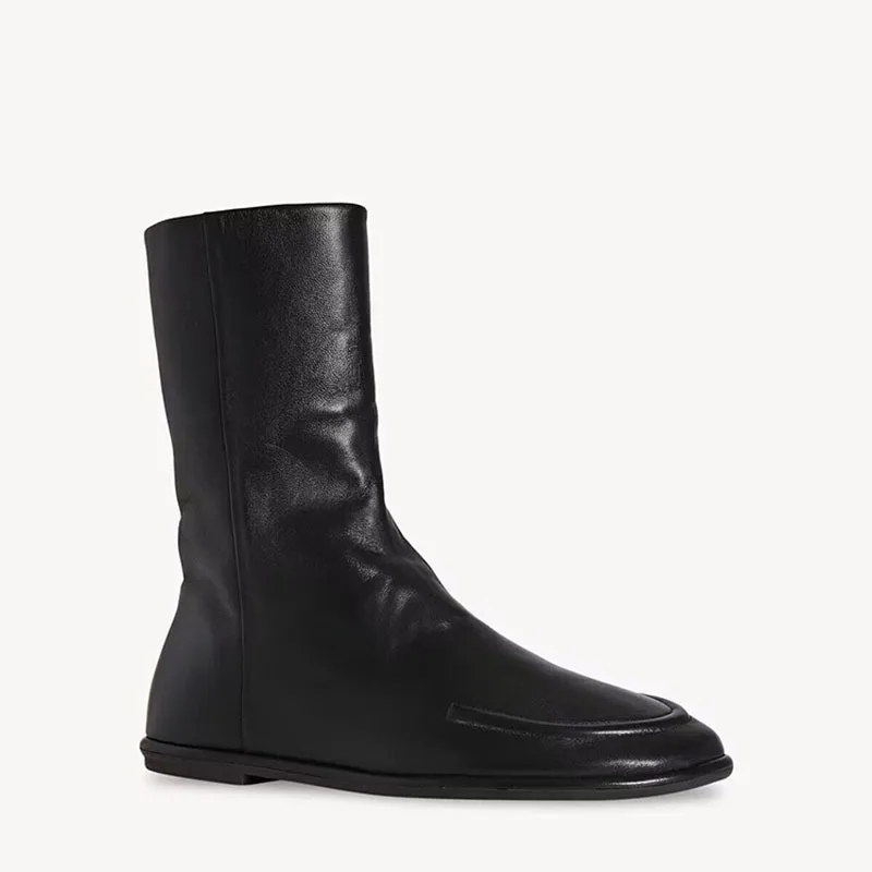 

The Row Women's boots Cowhide Zipper Mid Short Boot New British Vintage Versatile Minimalist Flat Bottom Chelsea shoes