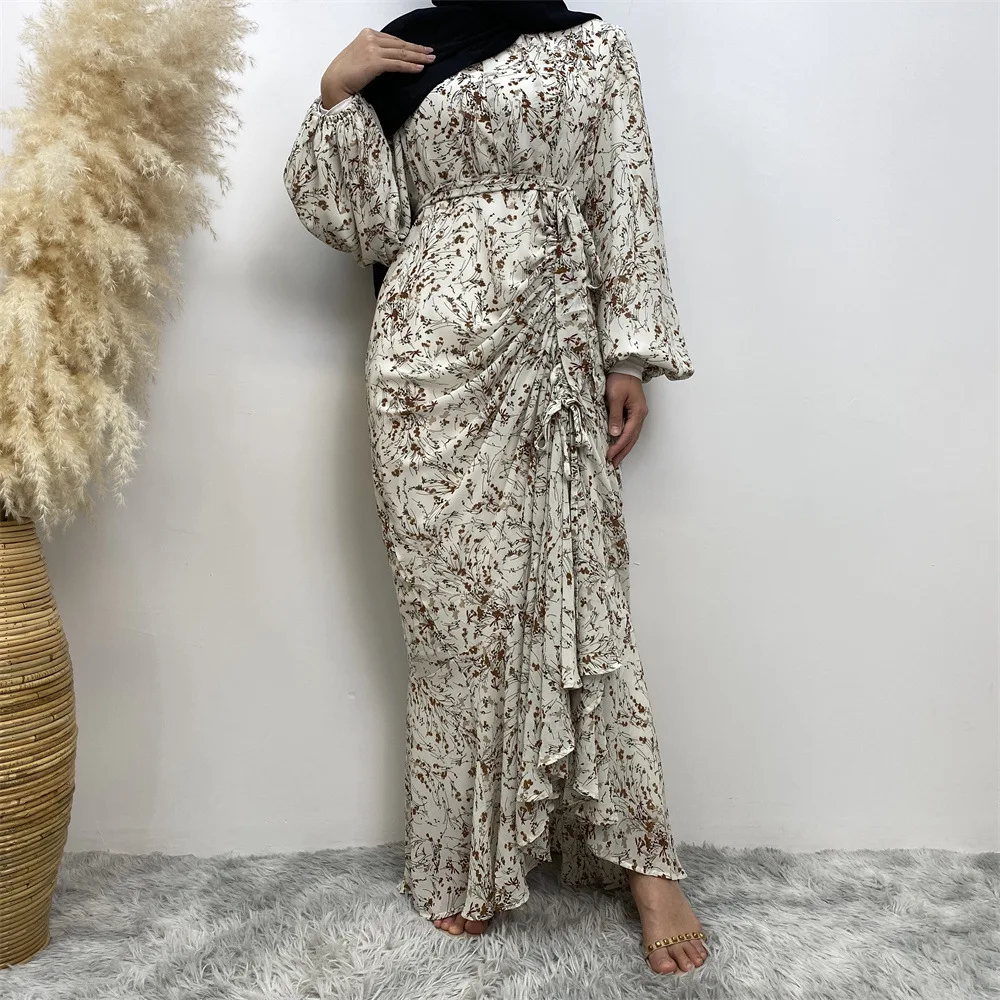 2023 Summer Fashion Elegant Muslim Floral Dress Round Neck Drawstring Print Long Sleeve Holiday Dress Robe Elegante Femme Kaftan