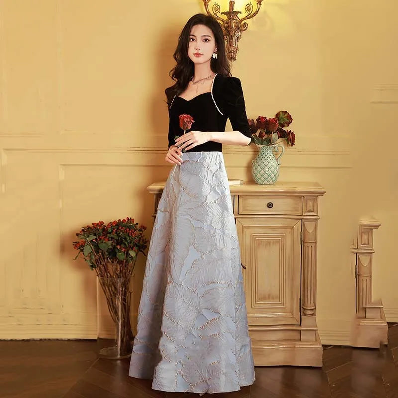 Женское бархатное вечернее платье Элегантное Длинное с квадратным вырезом во