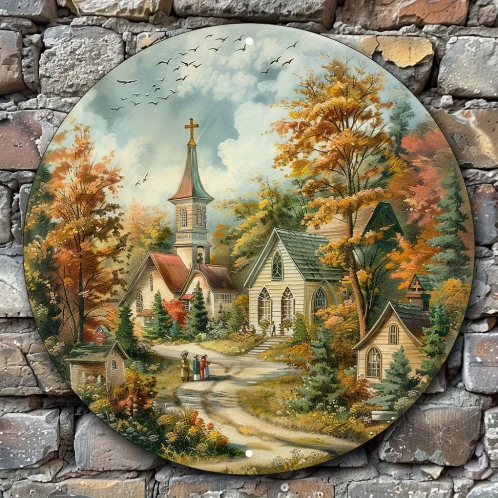 

Деревенская церковь, деревенская церковь, вложенная в лесу, алюминиевая настенная вывеска, девичник, юбилей, декор для домашнего офиса