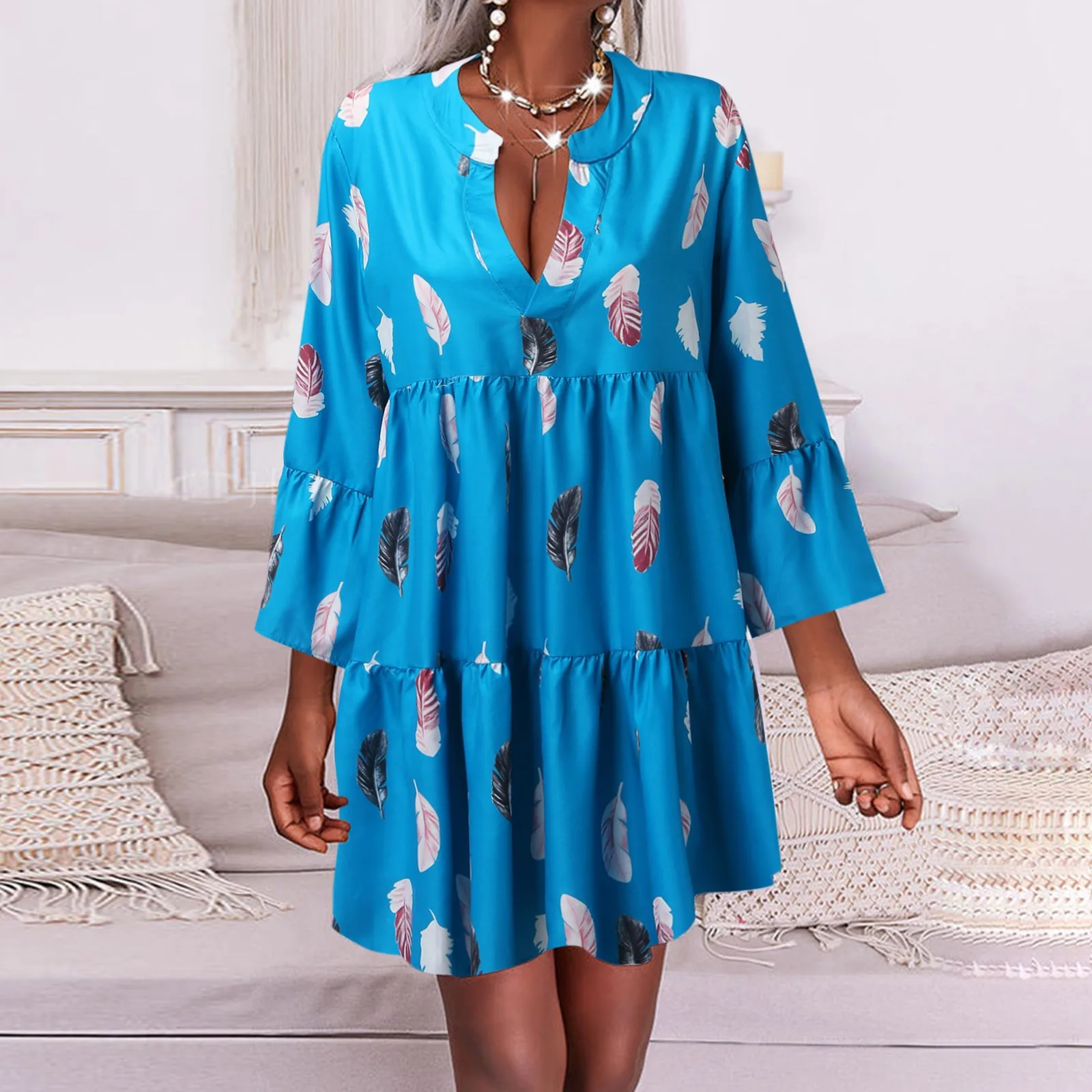 

Платье женское повседневное с расклешенной горловиной, свободная Удобная мини-юбка с рукавом Мини, милая рубашка с V-образным вырезом