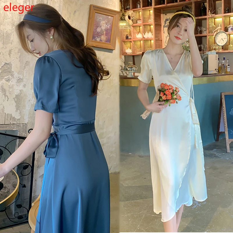 

Women Blue Apricot Long Dress Summer 2022 Runway Elegant Vintage Korean Fairy Clothes Casual Honeymoon Vacation Party Vestidos