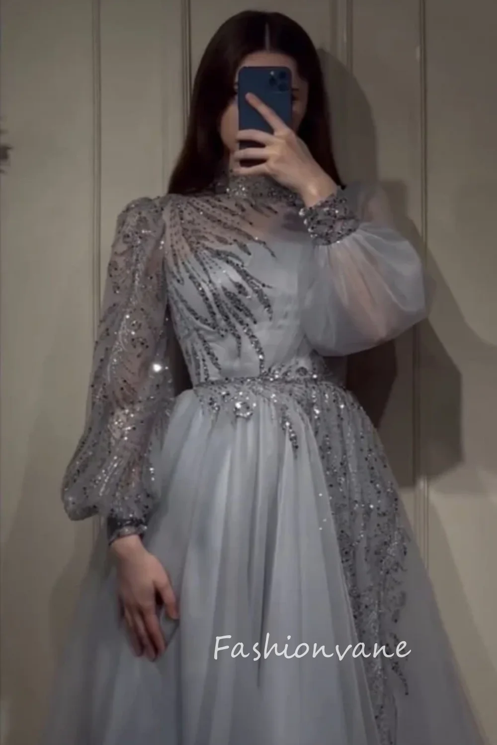 Фото Fashionvane 2024, индивидуальное трапециевидное платье с высоким воротом и длинными рукавами-пузырьками, блестками, длиной до пола, элегантное вечернее платье для выпускного вечера в Саудовской Аравии, роскошное платье №2