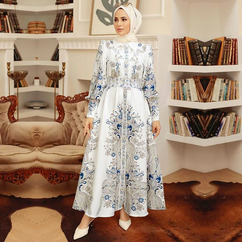 Eid Dress Printed Dubai Turkish Abaya For Women 2022 With Belt Long Sleeves Muslim Floral Islam Hijab Malaysia Traditional Dress