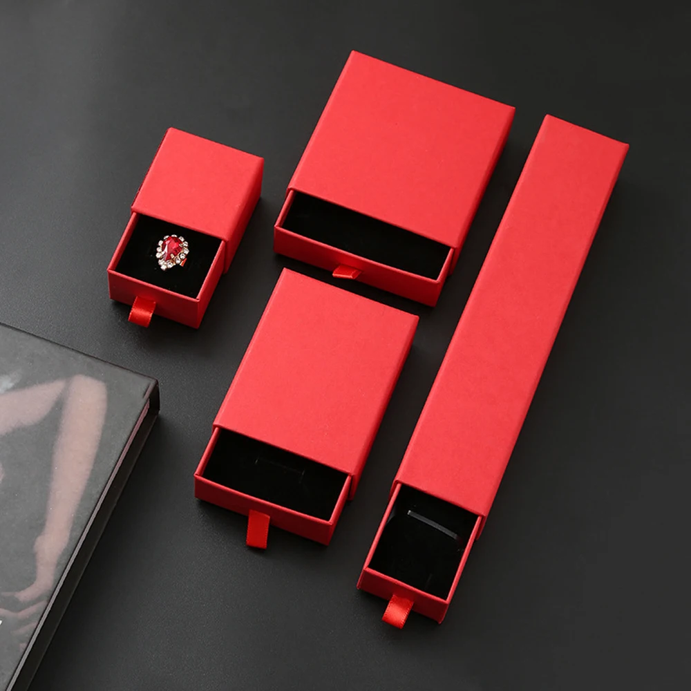 

10 Red Cardboard Drawer Box Paper Christmas Gift Box with Sponge Inside for Ring Necklace Earring Jewelry Display Packaging Box