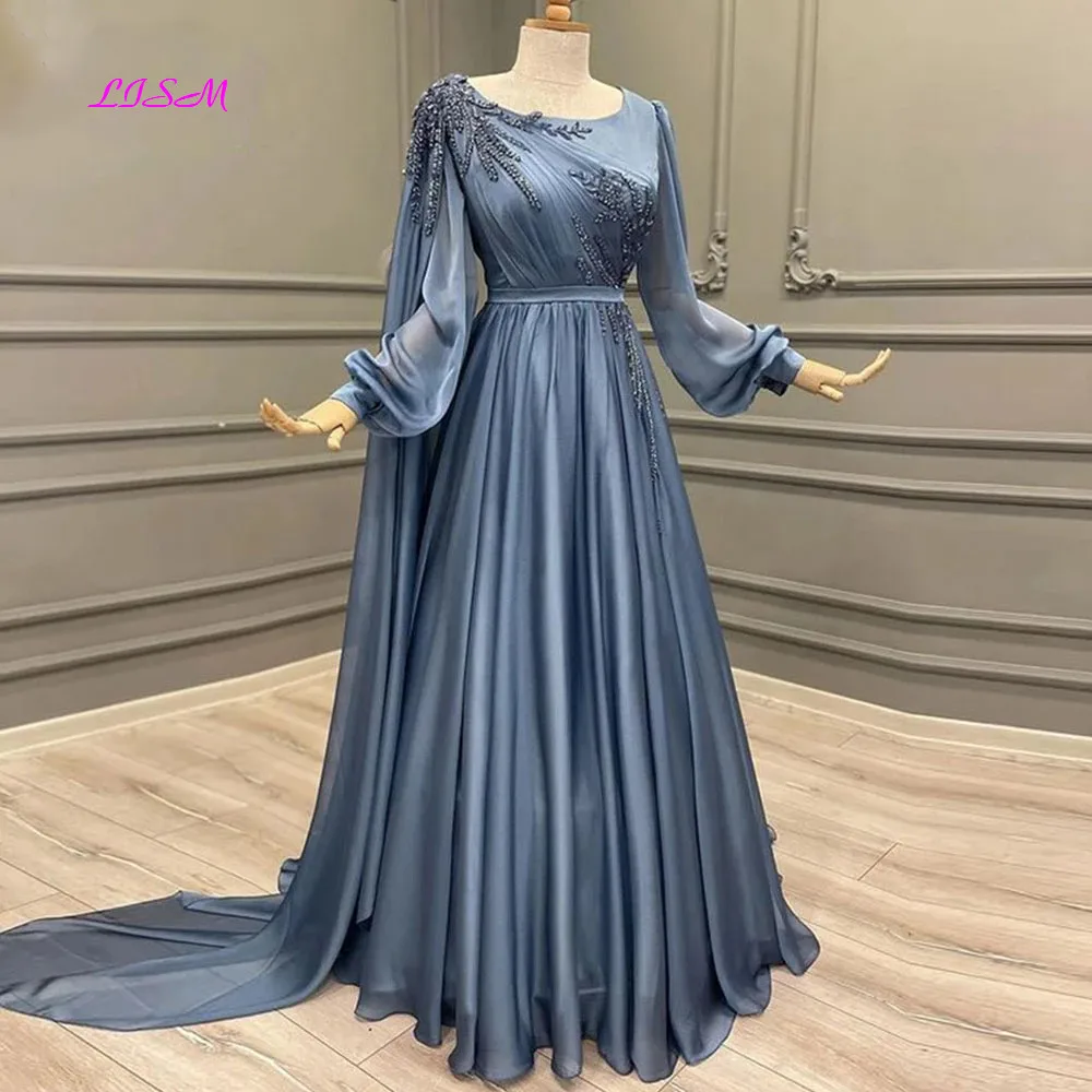 

A-line Scoop Neck Arabia Prom Evening Dresses Cap Shoulder Long Sleeves Beaded Sequins Formal Party Gowns Robes De Soirée