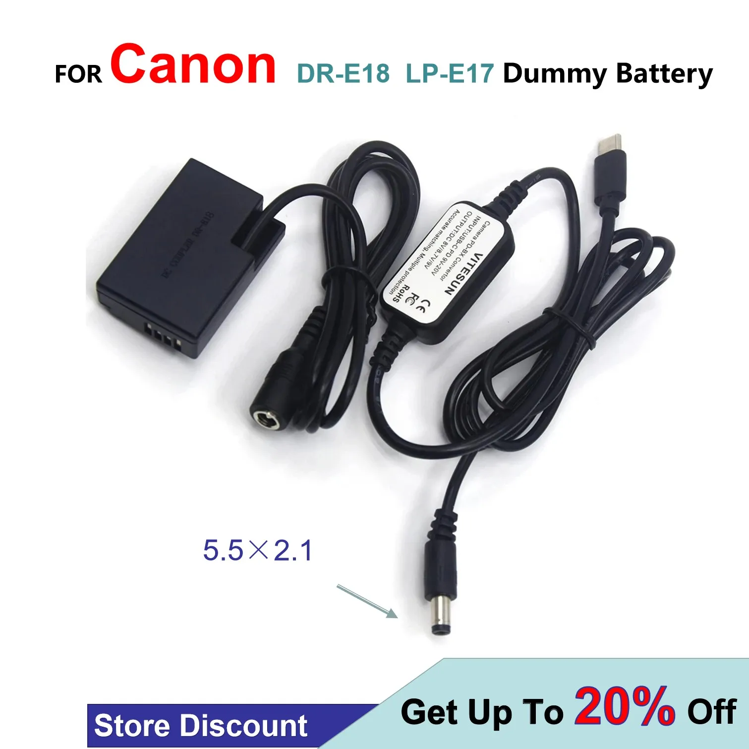 

USB Type C USB-PD Converter To DC Cable LP-E17 DR-E18 Dummy Battery For Canon EOS 750D Kiss X8i T6i 760D T6S 77D 800D 200D