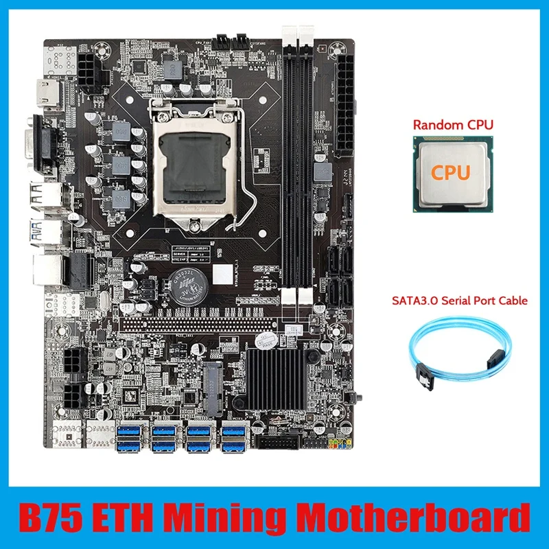 B75 ETH Mining Motherboard 8XPCIE USB Adapter+CPU+SATA3.0 Serial Port Cable LGA1155 MSATA B75 USB Miner Motherboard