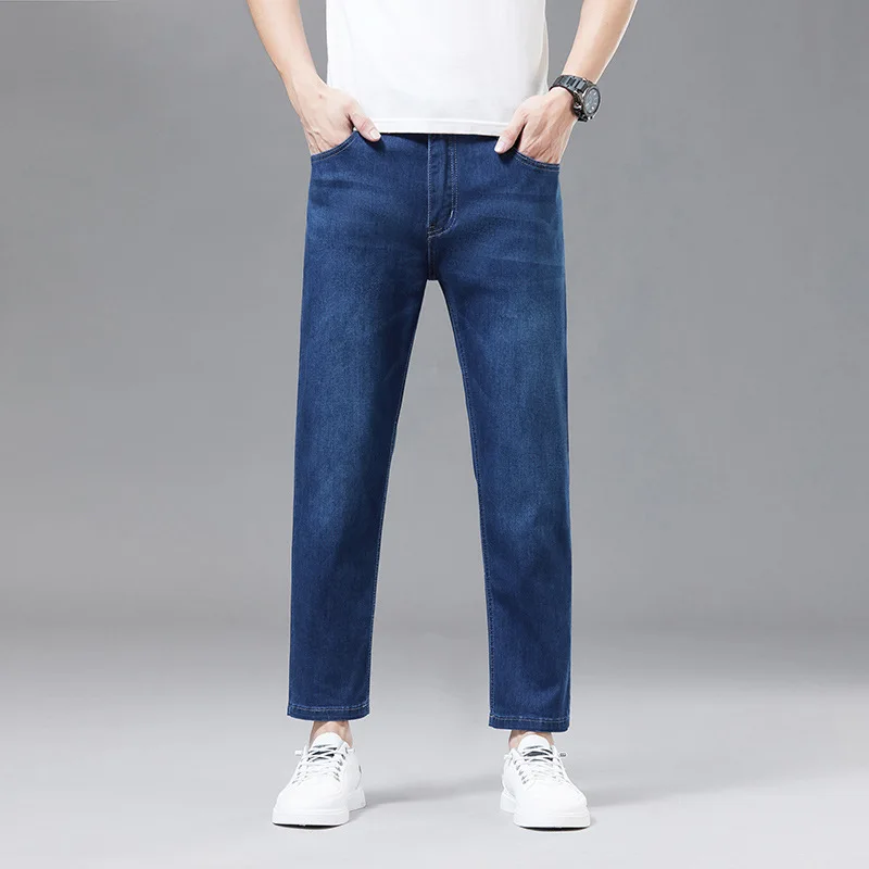 Летние мужские джинсы укороченные брюки облегающие прямые повседневные