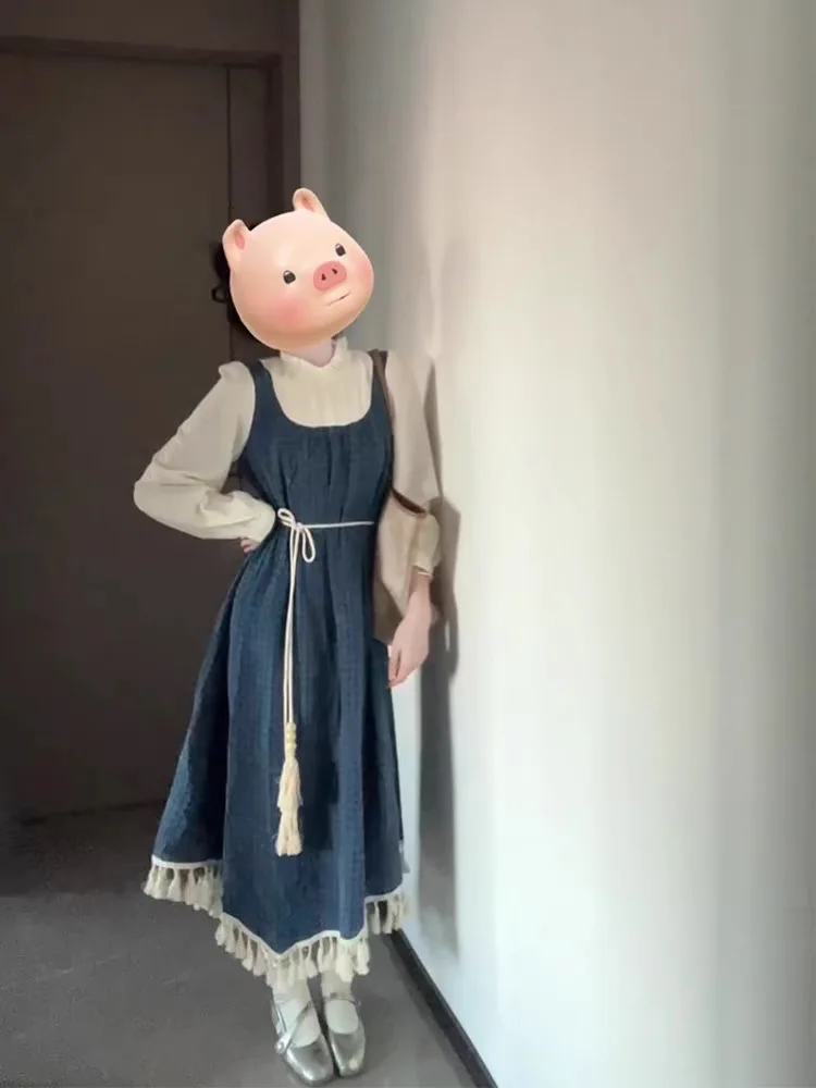 MiiiiX джинсовое длинное платье с нерегулярными кисточками женское из двух частей