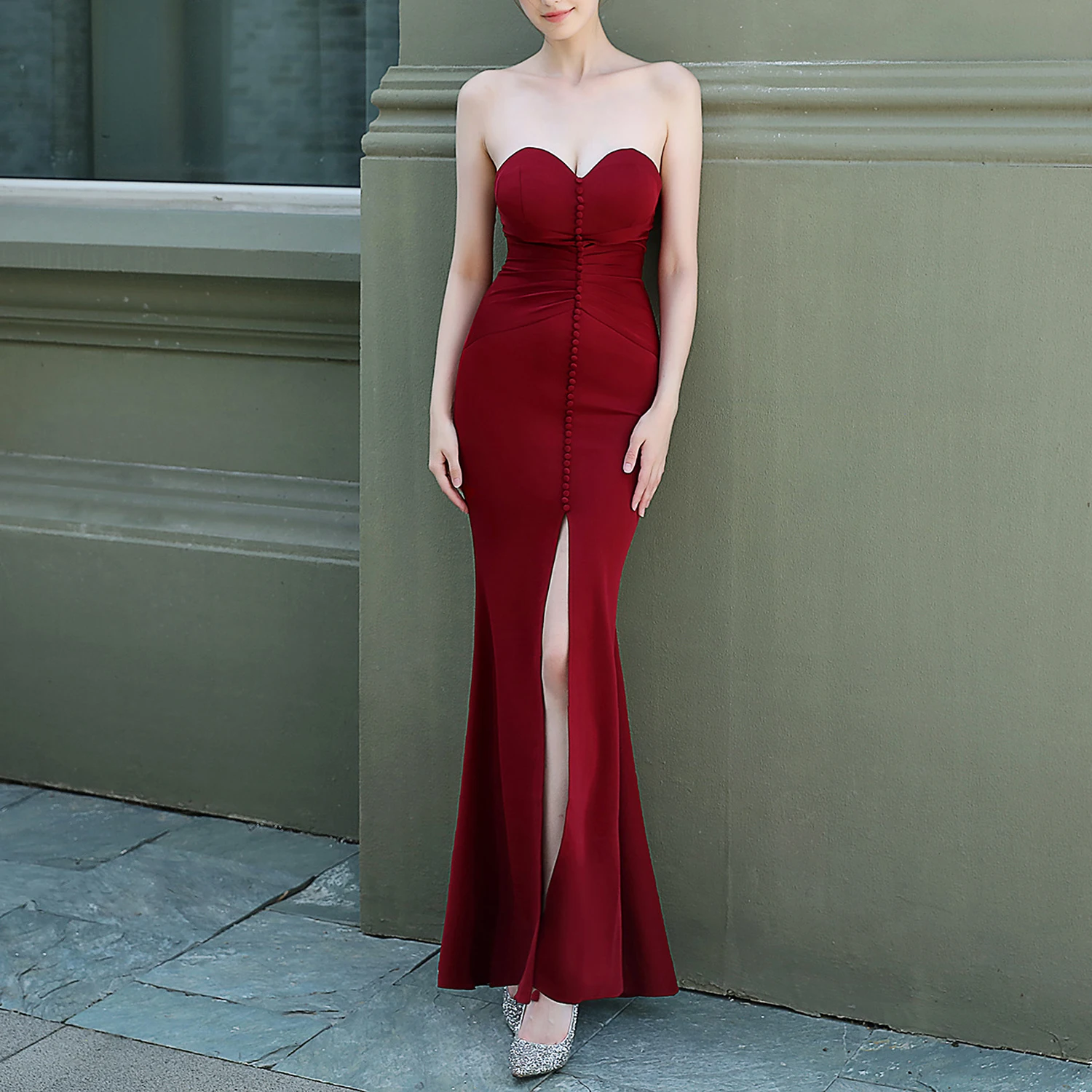 

Fashion Slim Red Sexy Strapless Wedding Dresses Bridesmaid Vestido Women Sleeveless Green Slit Evening Party Cocktail Robe