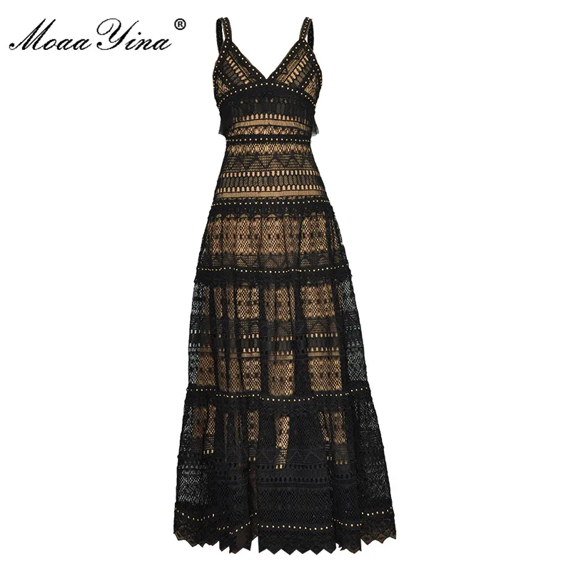 

MoaaYina, модное подиумное платье, летнее женское платье, черное, сексуальное, на бретельках, кружевное, открытое, вечерние, для отпуска, Макси платья