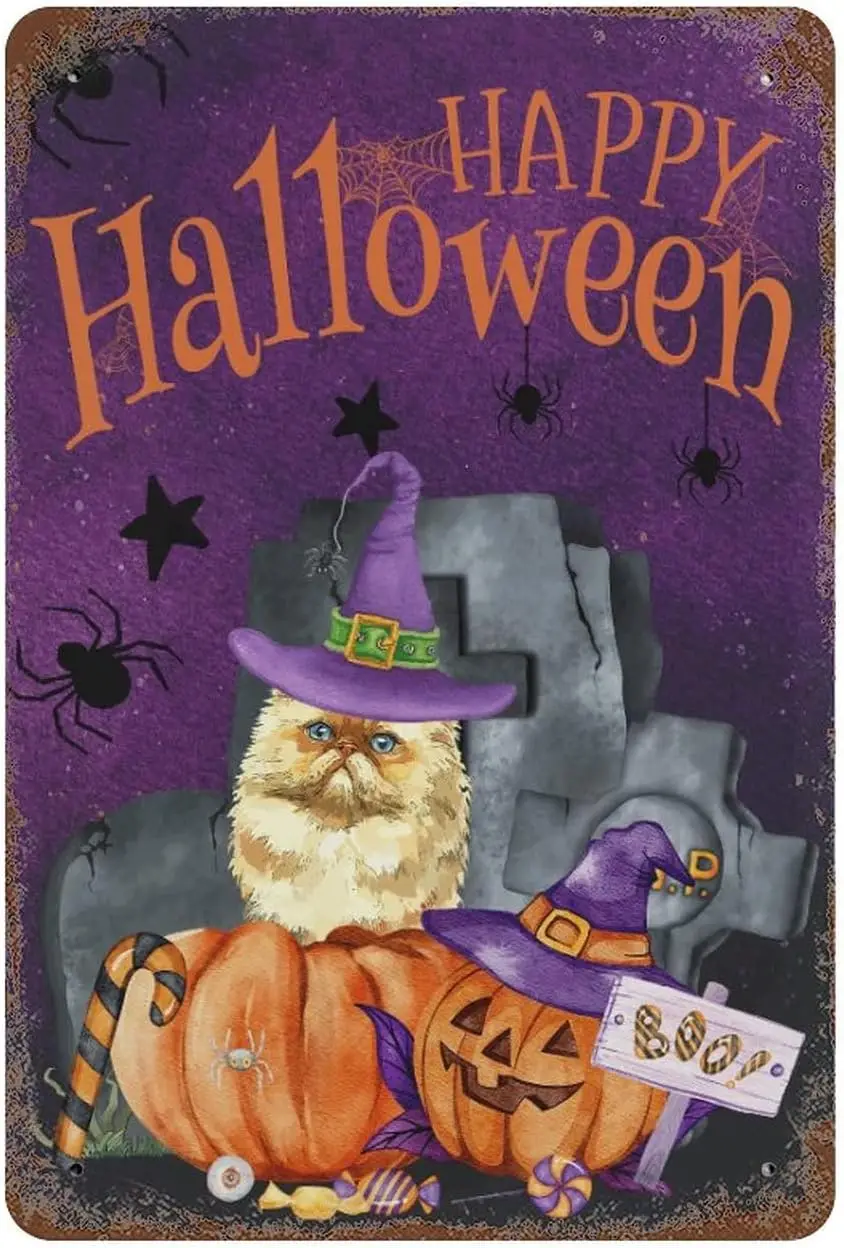 Metl Sgns Cusmzed Outdoor Hppy Hlloween Tn Sgn 812 n Funny Creepy Blck Ct Pumpkn Plque Plte Retro Vntge Мужчины Wll Decorns