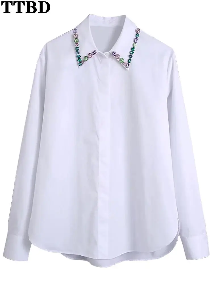 

TTBD Women 2022 fashion with bejewelled asymmetric poplin shirts vintage long sleeve button-up female blouses blusas chic top