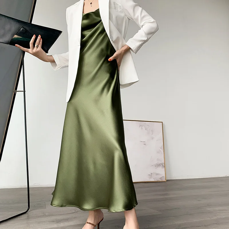 

Lady Luxury Satin Dress 2022 Summer Camisole Swinging Collar Elegant Long Dress Sleeveless Evening Party S4272