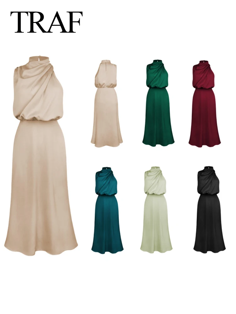 

TRAF Women's Summer Long Formal Satin Dress Mock Neck Sleeveless Side Slit Flowy Maxi Tank Dresses 2023 Party Dress