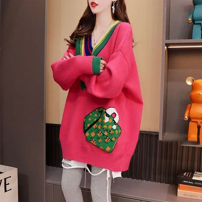 # 3841 черный белый красный пуловер вязаный свитер женский свободный с рукавами