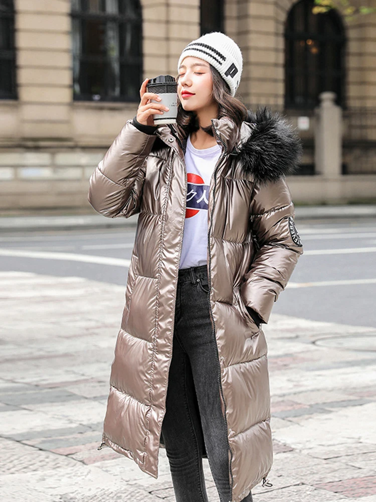 Glossy Down Jackets For Women Winter Clothes Warm Long Parkas Coat Thick Cotton Coat Big Fur Collar Warm Loose Hooded Outwear