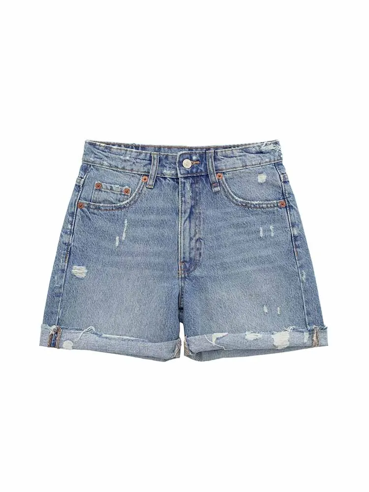

Women summer New Chic Fashion Loose casual High Waist Denim Shorts Vintage Side Pockets Zipper Female Skorts Mujer