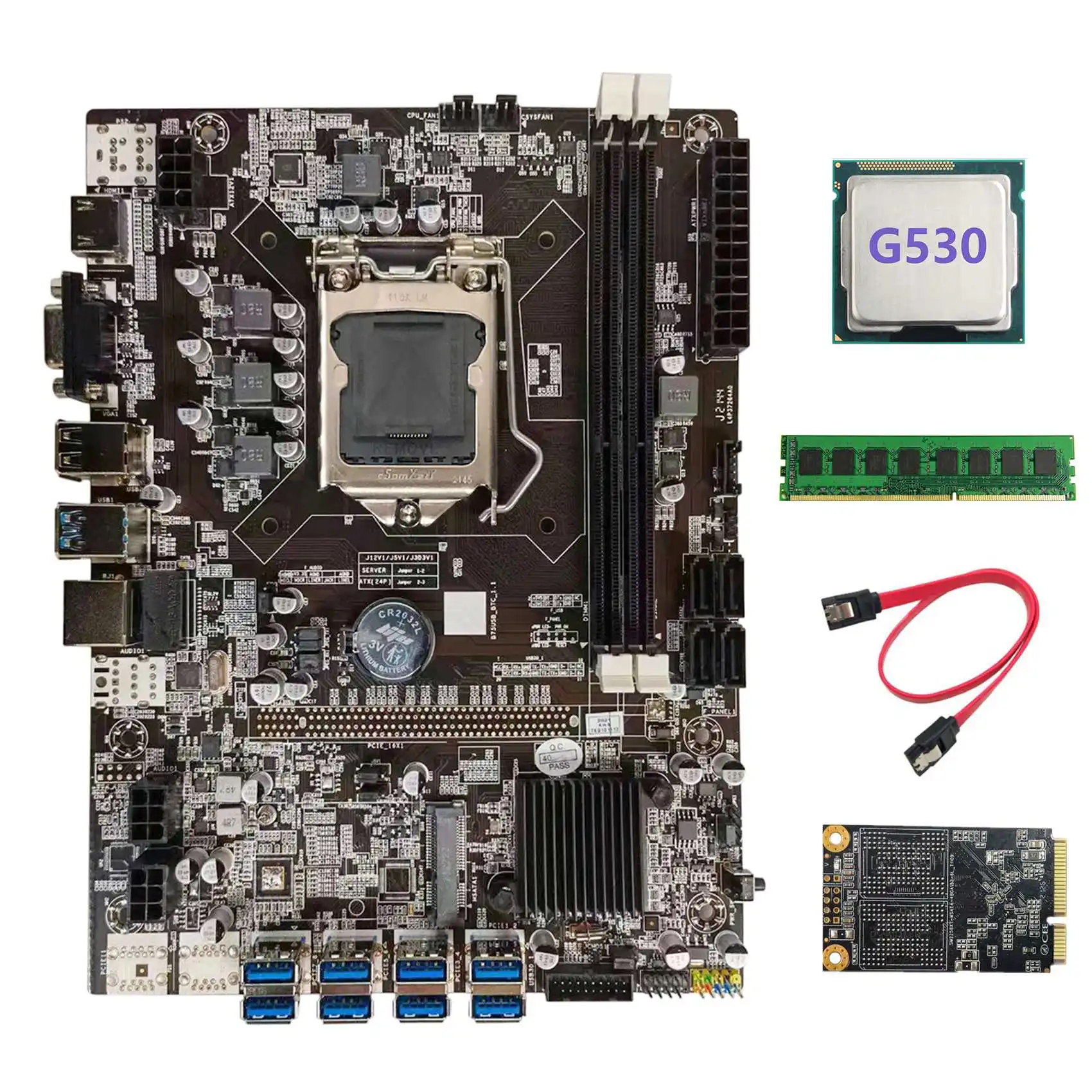 

B75 USB BTC Mining Motherboard+G530 CPU+DDR3 4GB 1600Mhz RAM+128G SSD+SATA Cable LGA1155 8XPCIE to USB Motherboard