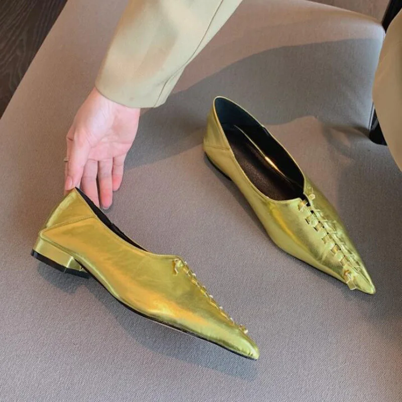 Brand Women's Flats Ladies Knit Pointed Casual Ballet Shoes Soft Pregnant Shallow Loafers Femme Ballerine Gold White Black SZ4-3