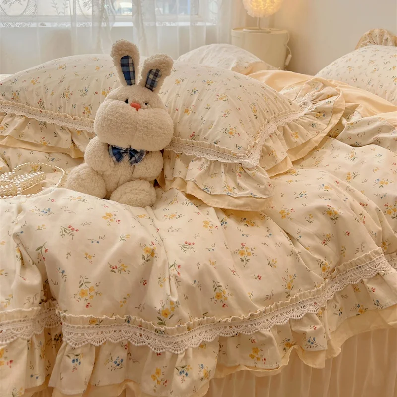 Fairy Frill Four-Piece Set Skin-friendly Girl's Cotton Quilt Cover Floral Pastoral Bed Skirt Bedding