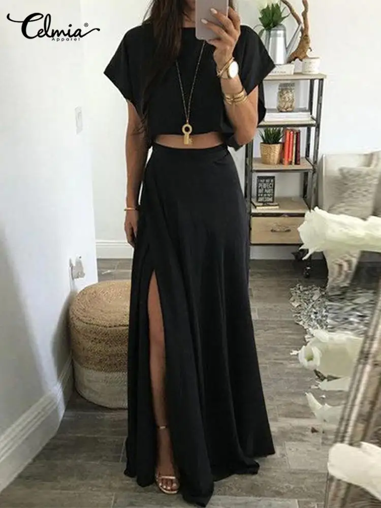 

Celmia Casual Short Sleeve Cropped Top and High Waist Split Hem Skirt Dress Sets Elegant Women Summer Solid Sets 2pcs Outfits