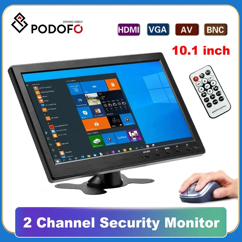 

Podofo 10,1-дюймовый ЖК-монитор HD, мини-телевизор и компьютерный дисплей, цветной экран, 2-канальный монитор безопасности с видеовходом и динамиком VGA
