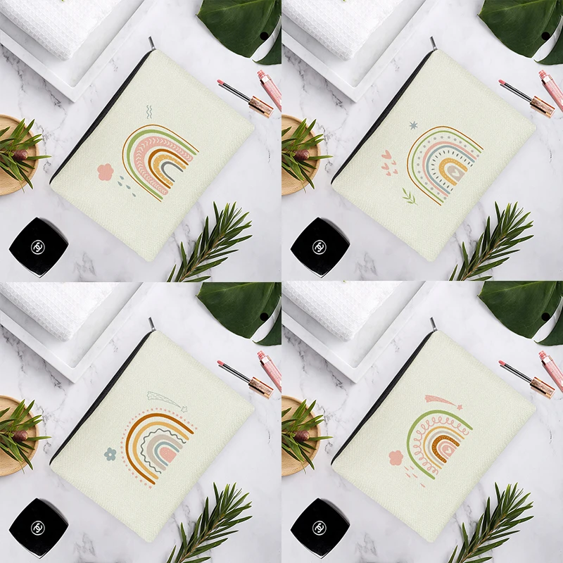 

Simple Fashion Cartoon Rainbow Clouds Flower White Linen Cosmetic Bag For Women Easy Carry Storage Travel 15x22cm/18x25cm