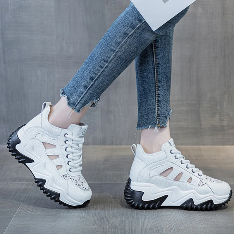 Genuine Leather Hollow Strap Design Air Mesh Comfy High Brand Breathable Shoe Chunky Sneakers Spring Summer Platform Wedge Shoes