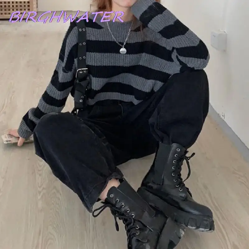 

Women Cropped Sweater Vintage Oversize Striped Knit Jumper Female Autumn Korean Long Sleeve O-neck Pullovers Tops