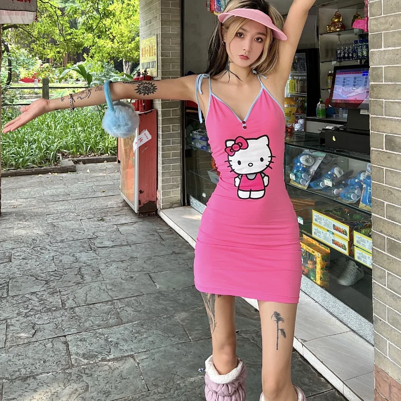 Sanrio Y2K Homemade Cute Hello Kitty Dress Color Matching Lace up Slim Mini Suspender Dress Sexy Dress