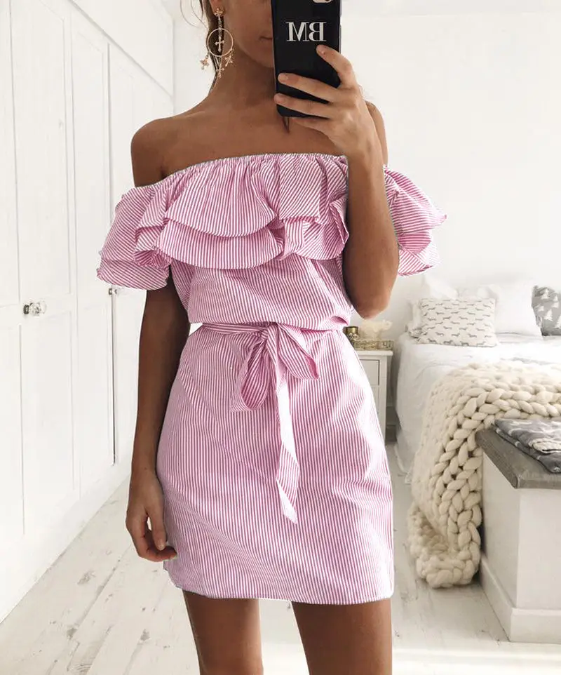 

Woman Dress 2021 Summer fashion new Low-Cost Mileage AliExpress Off-the-Shoulder Striped A Spot Dresses for Women Vestidos