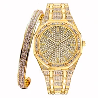 2pcs iced out watch for women simple charm bracelet fashion luxury sliver gold watch diamond jewelry women set gifts reloj mujer