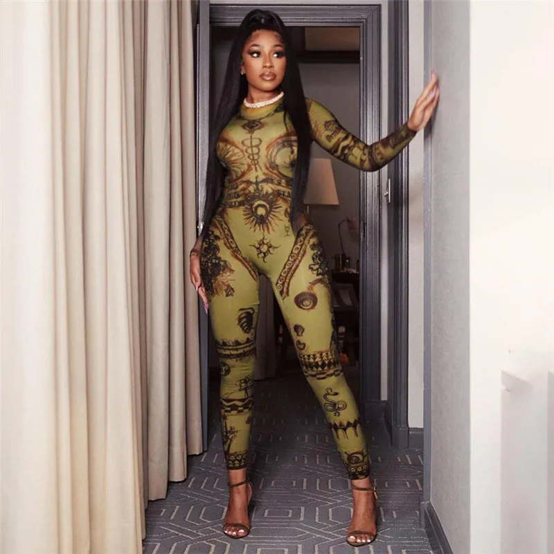 

2023 Summer Women's New Fashion Print Long Sleeve Round Neck Casual Home Zipper High Waist Bodysuit Women