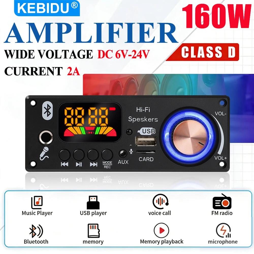 Фото Усилитель KEBIDU 160W с Bluetooth, декодер MP3/WAV, плата с микрофоном 6,5 мм, FM, TF, USB, автомобильный аудиомодуль, музыкальный плеер с регулировкой громкости №1