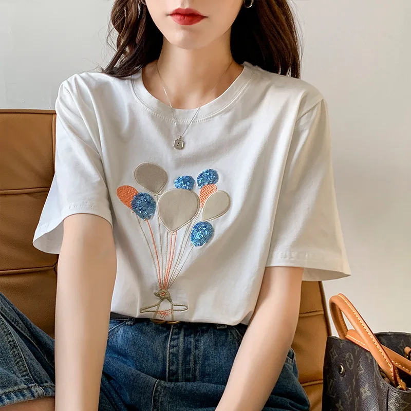 

Short-sleeved women's summer loose 2022 new white t-shirt women's cotton half-sleeve body tuck embroidery top