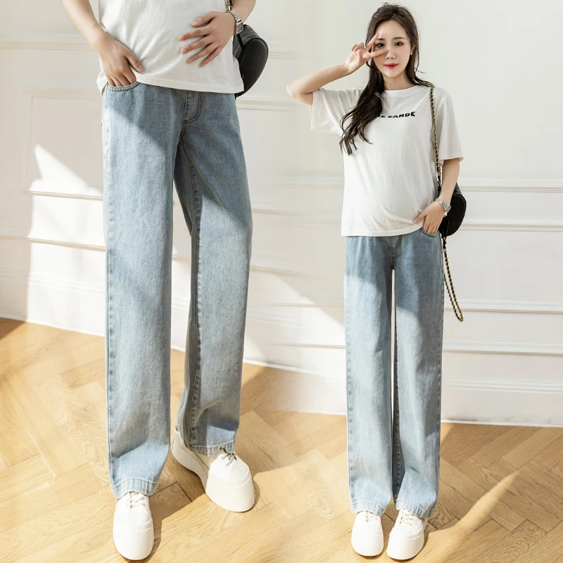 

Spring Autumn Denim Maternity Straight Jeans Wide Leg Straight Belly Pants Clothes for Pregnant Women Pregnancy Casual Trousers